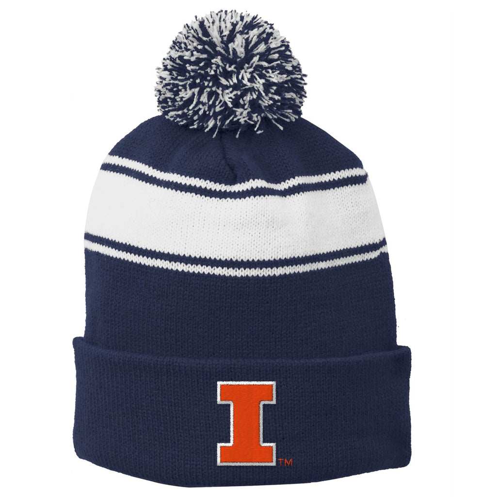 UGP Campus Apparel BN508 - Illinois Fighting Illini Primary Logo Stripe Pom Pom Beanie - One Size - True Navy/White