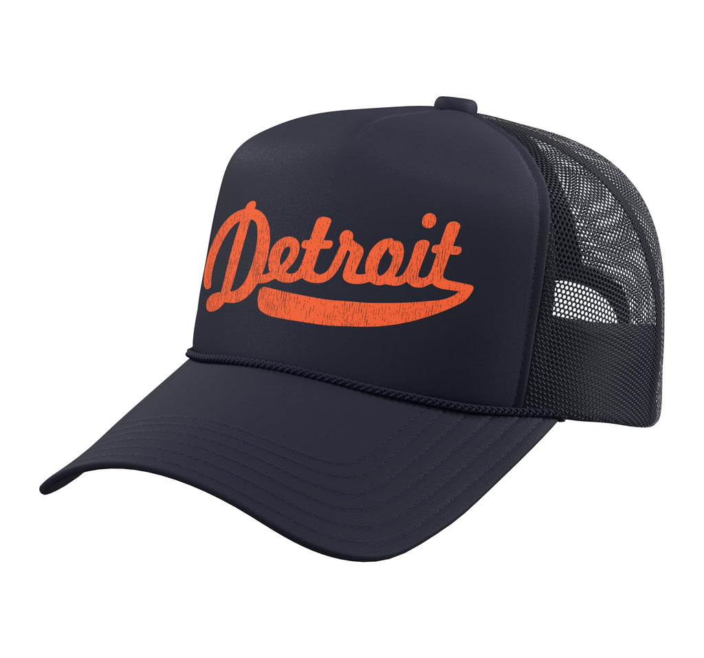 Distressed Detroit Baseball Stuff Vintage Detroit Trucker Hat with Adjustable Mesh Back, Navy Blue