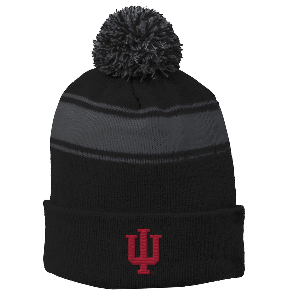 UGP Campus Apparel - BN508 - Indiana Hoosiers Primary Logo - Sports Team Stripe Pom Pom Beanie - One Size - Black/Iron Grey
