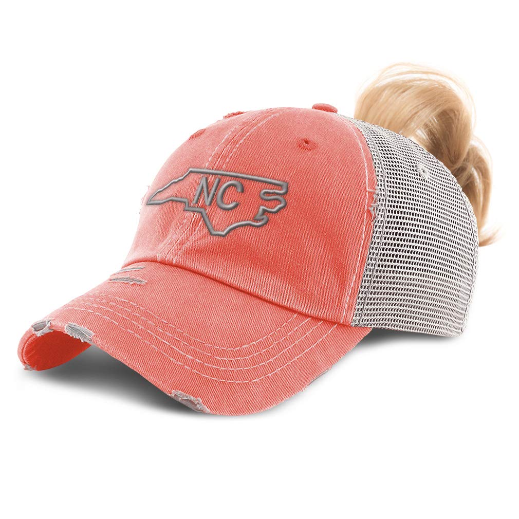 Womens Ponytail Cap North Carolina State Map Nc Embroidery Cotton Messy Bun Distressed Trucker Hats Strap Closure Coral Design Only