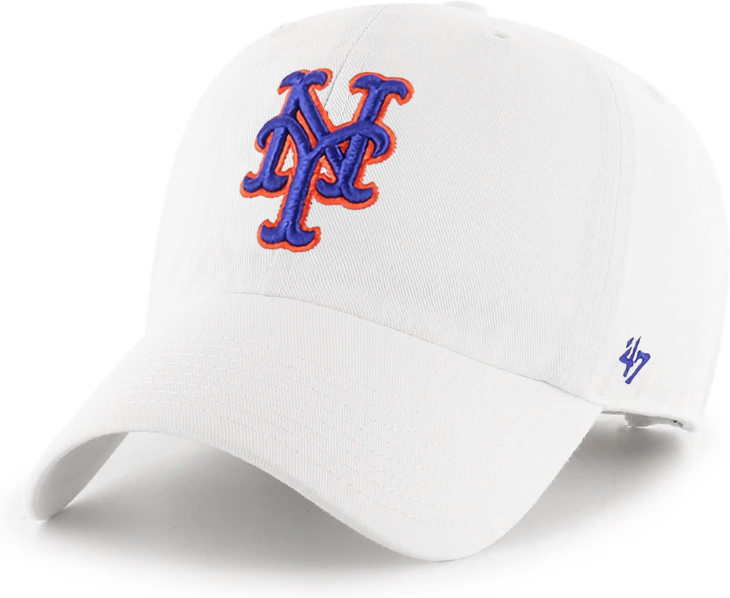 47 MLB White Team Color Primary Logo Clean Up Adjustable Strap Hat Cap, Adult One Size Fits All - New York Mets White