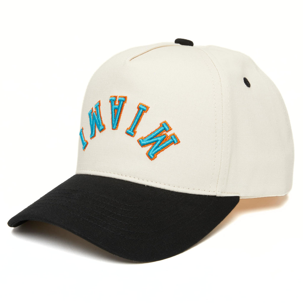 Funky Junque Retro Miami Hat – Baseball Cap with Upside Down City Arched Embroidery – Unisex Adjustable Snapback for Football, Tailgating, Game Day – Miami (Black/Beige)