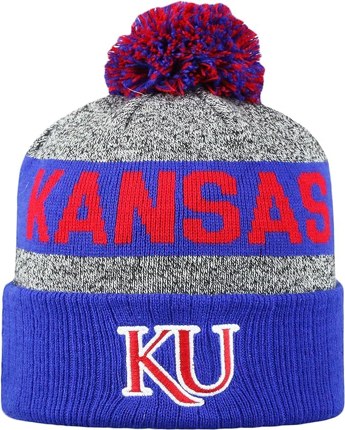 Collegiate Cuffed Knit Beanie Hats, Cuffed Knit Winter Beanies Available (Winter Pom Beanie, Kansas)