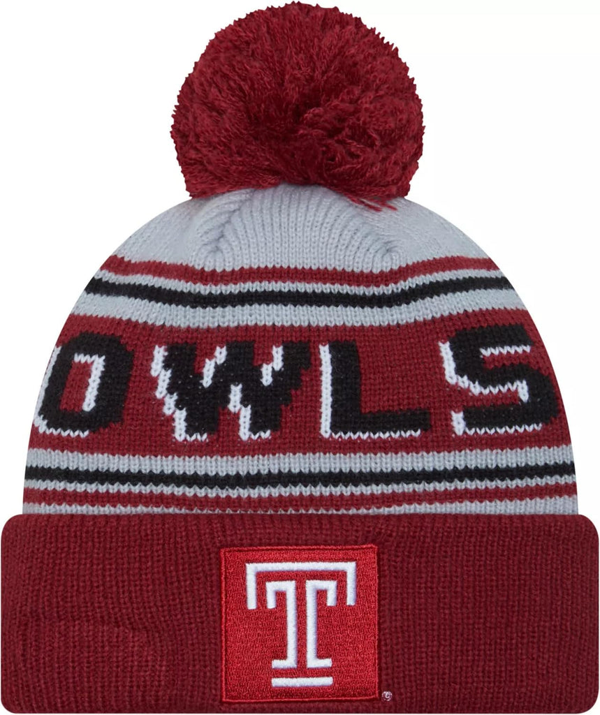 New Era Temple Owls Wordmark Cheer Sideline Sport Cherry Cuff Beanie Hat with Pom - NCAA Cuffed Winter Cap