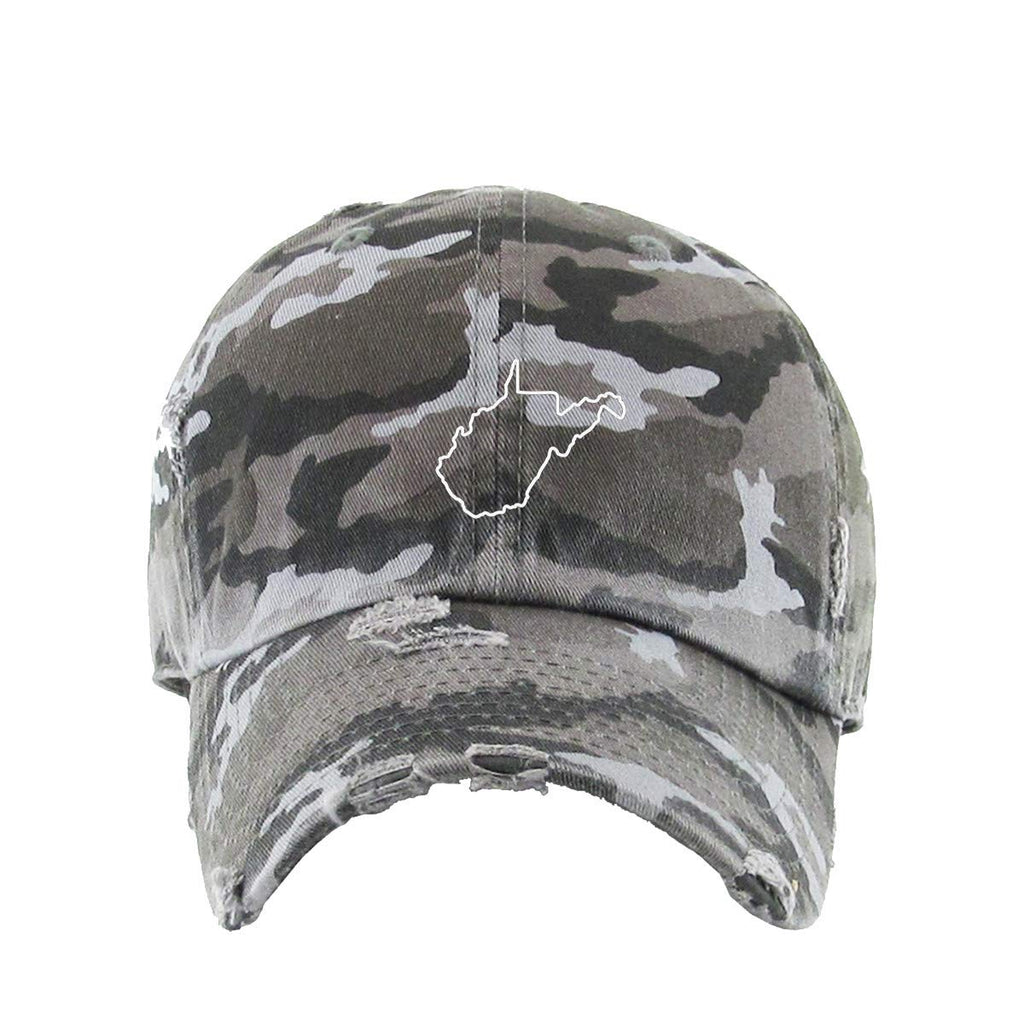 West Virginia Map Outline Dad Vintage Baseball Cap Embroidered Cotton Adjustable Distressed Dad Hat Gray Camo