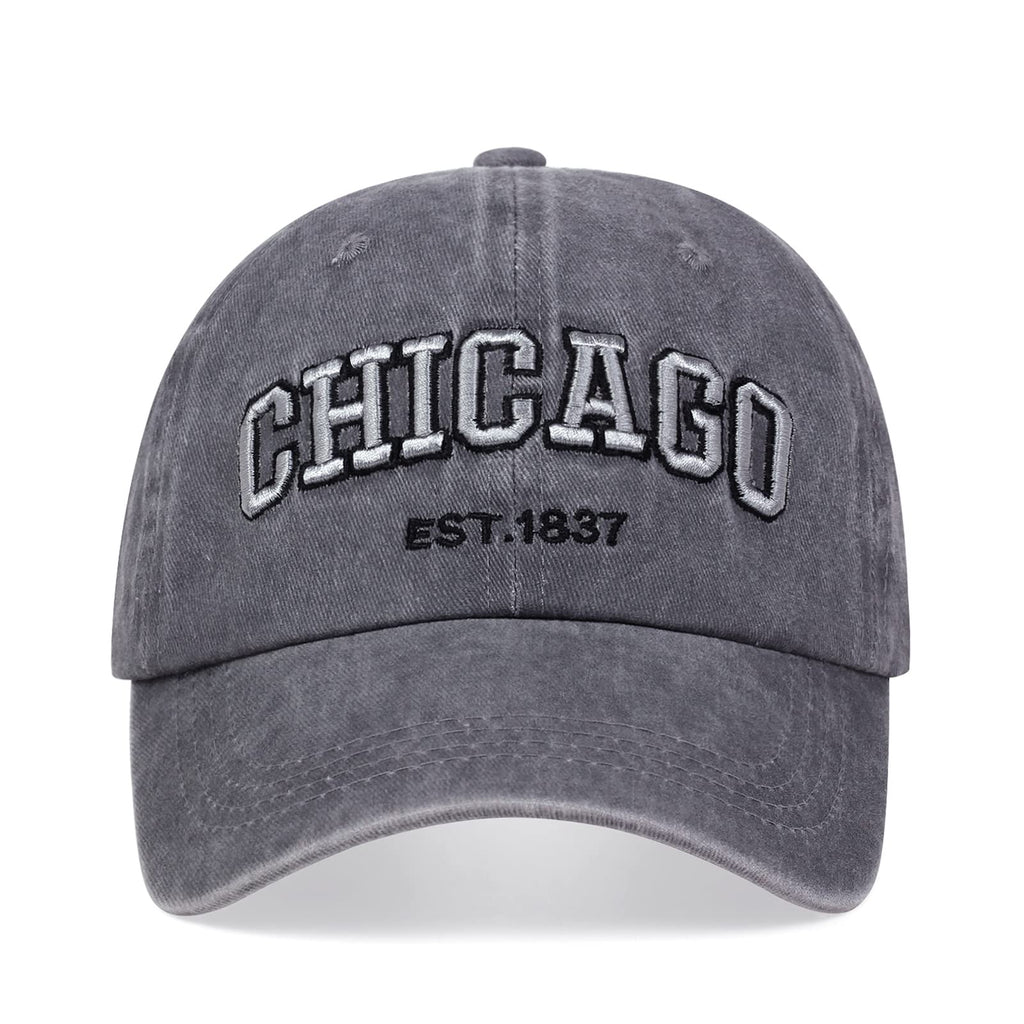 Chicago Hat for Men Women 3D Embroidery Vintage City Dad Hats Baseball Cap Grey