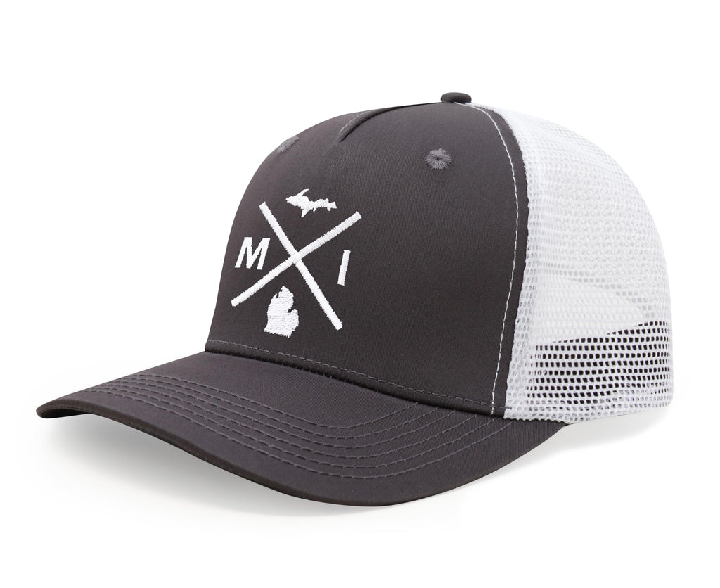 International Tie Hat for Men and Women, Snapback Trucker Baseball Cap, Embroidered Cross Logo (MI - Michigan, Grey White)