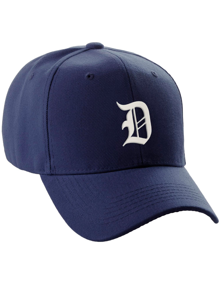 Daxton Structured Baseball Hat Cap Curved Visor Old English Font Alphabet A to Z, Navy Hat White D