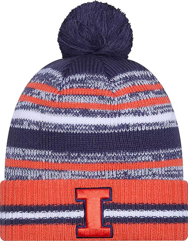 New Era Illinois Illini Onfield Sport Orange Striped Cuffed College Knit Beanie Hat Pom - NCAA Cheer Cuff Knit Cap