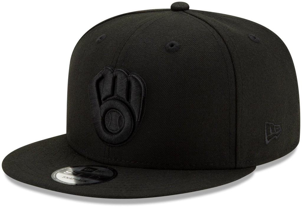 New Era MLB 9FIFTY Black Black Primary Logo Team Adjustable Snapback Hat Cap One Size Fits All - Milwaukee Brewers Black