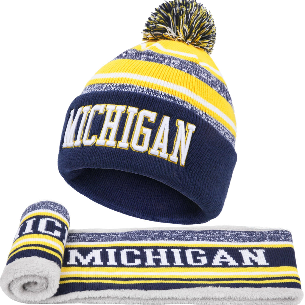 Michigan Beanie Hat Scarf Set for Men, Knit Pompom Beanie Cap, Football Fans Fashion Toque Cap, Neck Warmer Scarves,Winter Gifts for Sport Fans with Stickers