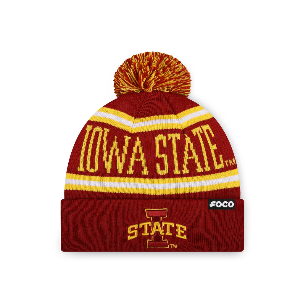 FOCO Iowa State Cyclones NCAA College Logo Stripe Pom Beanie Hat, Team Color