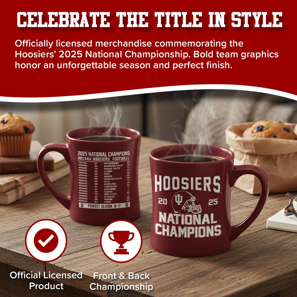 RFSJ INC. Indiana Hoosiers 2025 NCAA Football National Champions Ceramic Sculpted Mug with Front Championship Design and Back Scoreboard Graphic, Crimson, 16 oz
