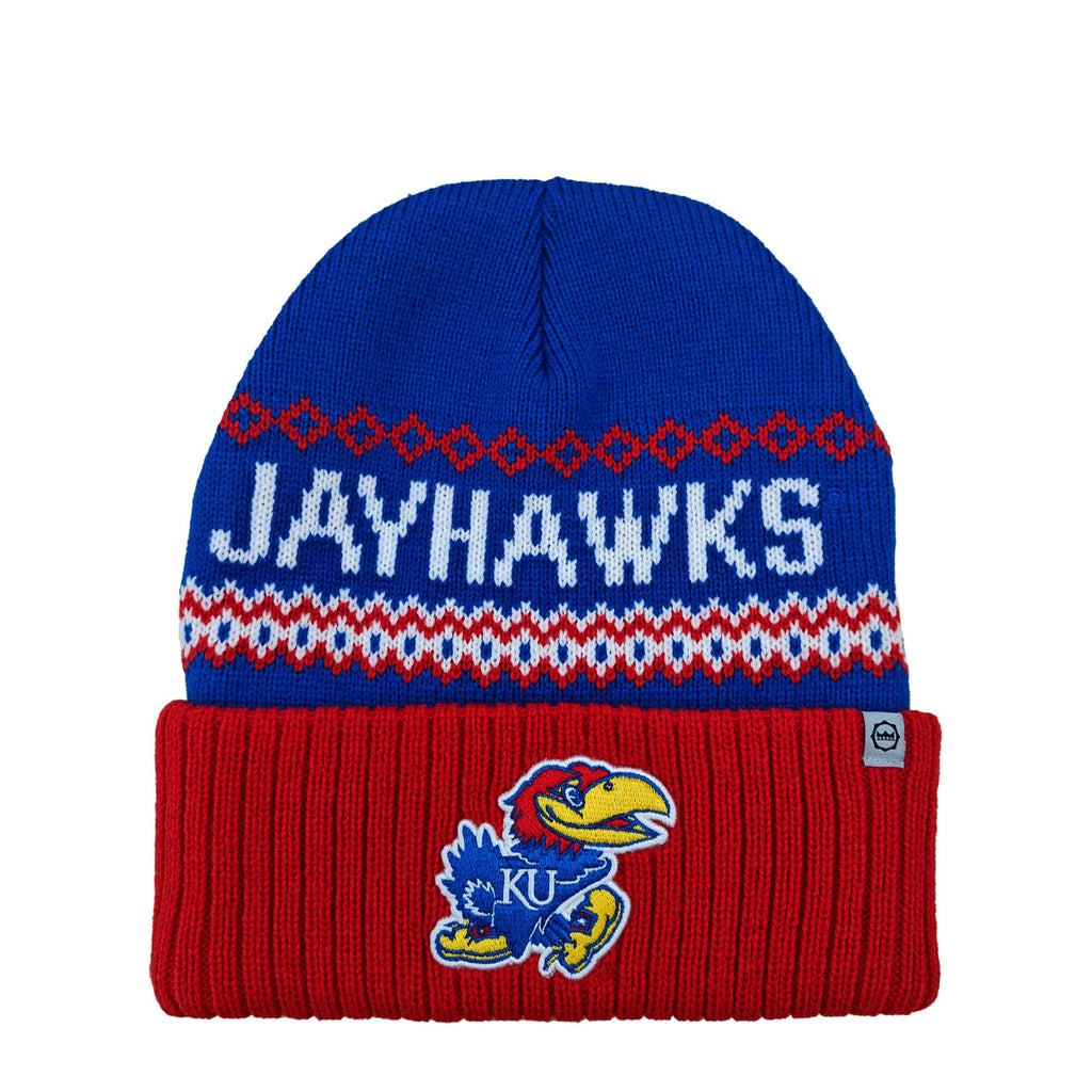 NCAA Kansas Jayhawks Mens Blue Red Logo Knit Pompom Winter Hat Vintage Style Cuffed Logo Beanie