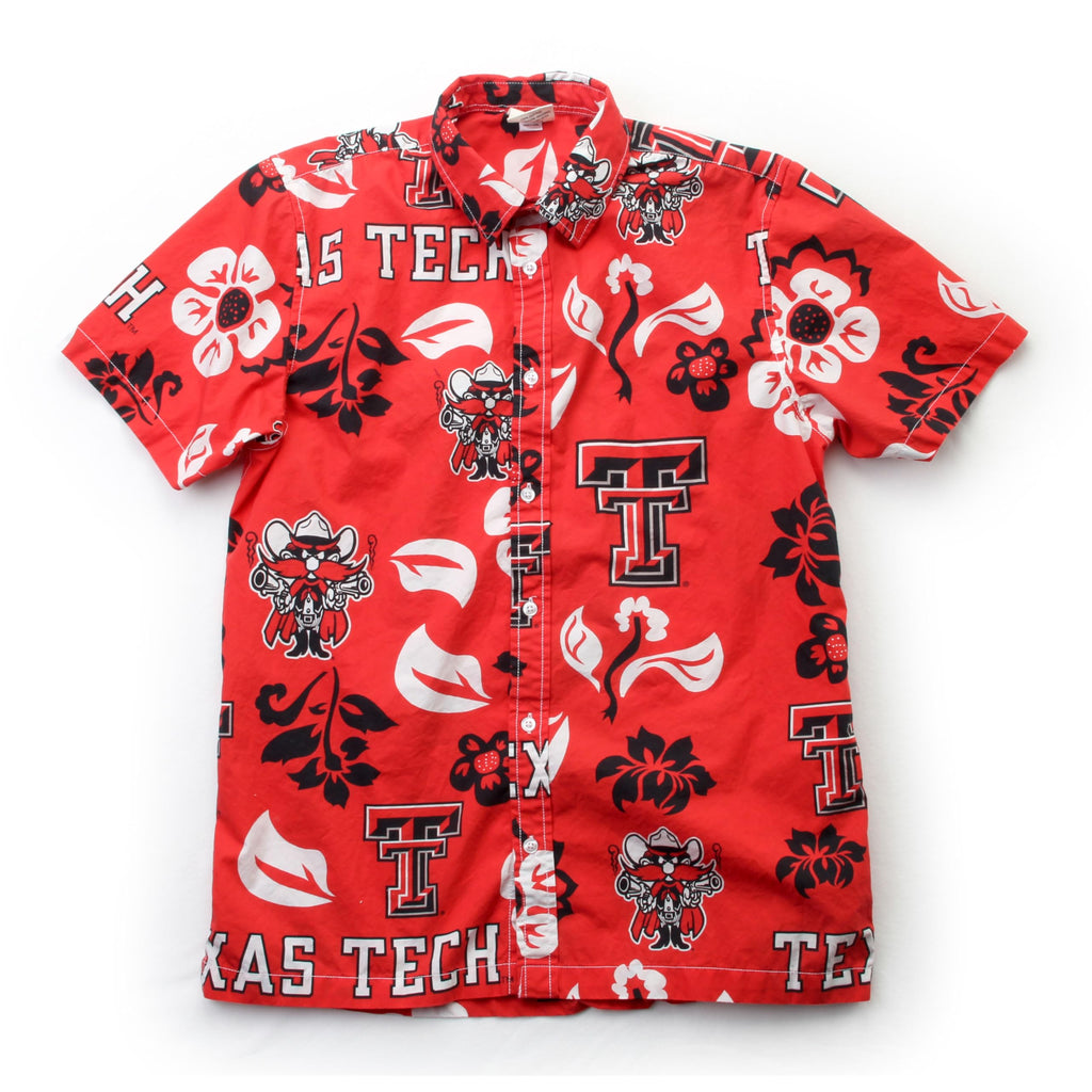 Wes and Willy NCAA Mens Hawaiian Floral Button Down Shirt, Texas Tech Red Raiders, Cherry, L