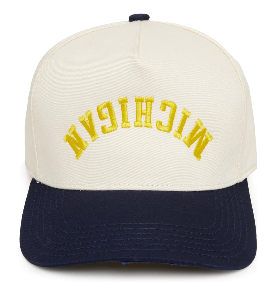Two-Tone Canvas Snapback Baseball Cap - Michigan (Upside Down) - Navy/Beige