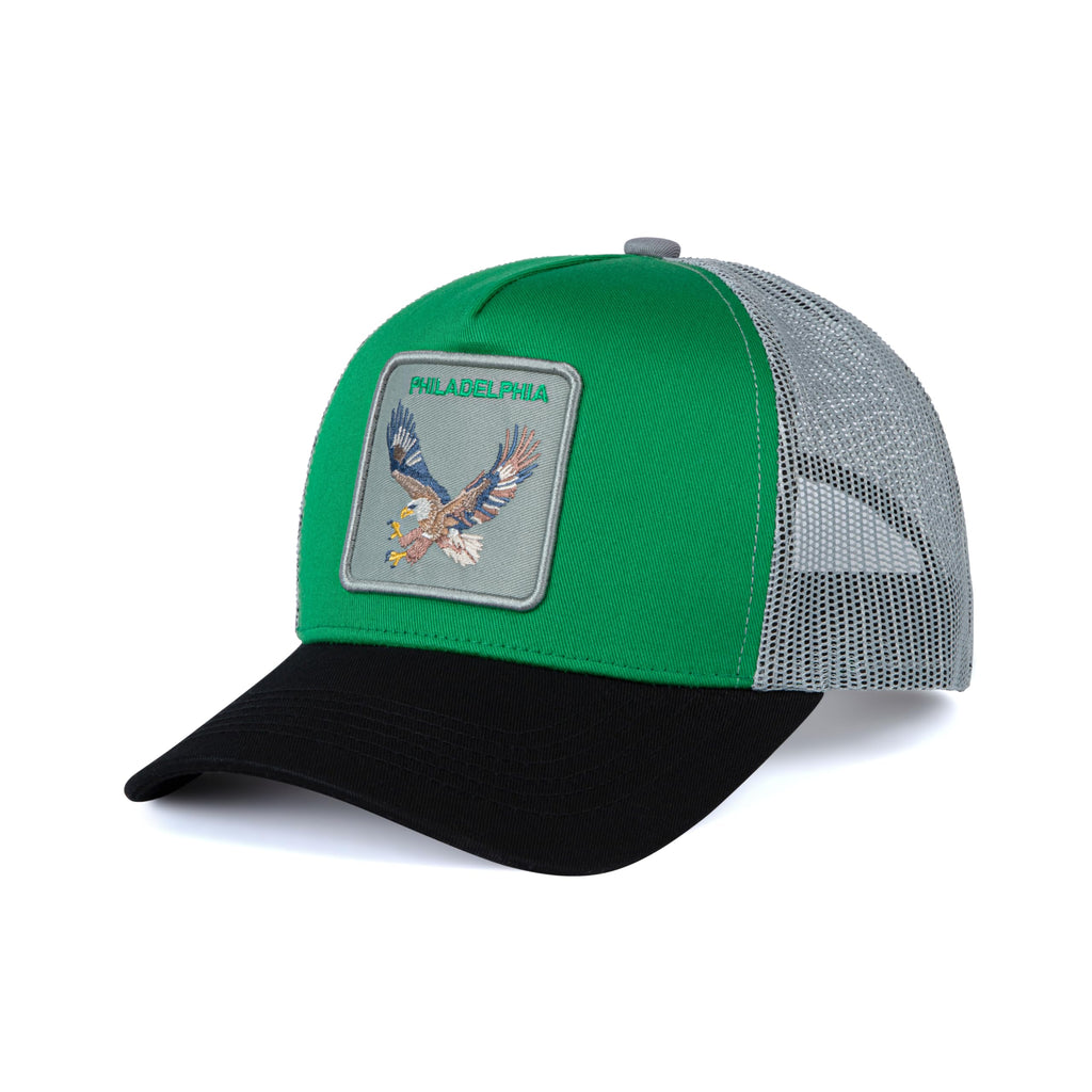 City-Flex Philadelphia Football Fan Patch Trucker Hat - Netted Snapback Baseball Cap with Team Design for Men & Women (Green/Black/Grey -Eagle)