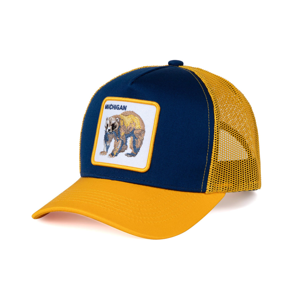 City-Flex Michigan Fan Patch Trucker Hat - Netted Snapback Baseball Cap for Men & Women (Navy/Yellow - Wolverine)