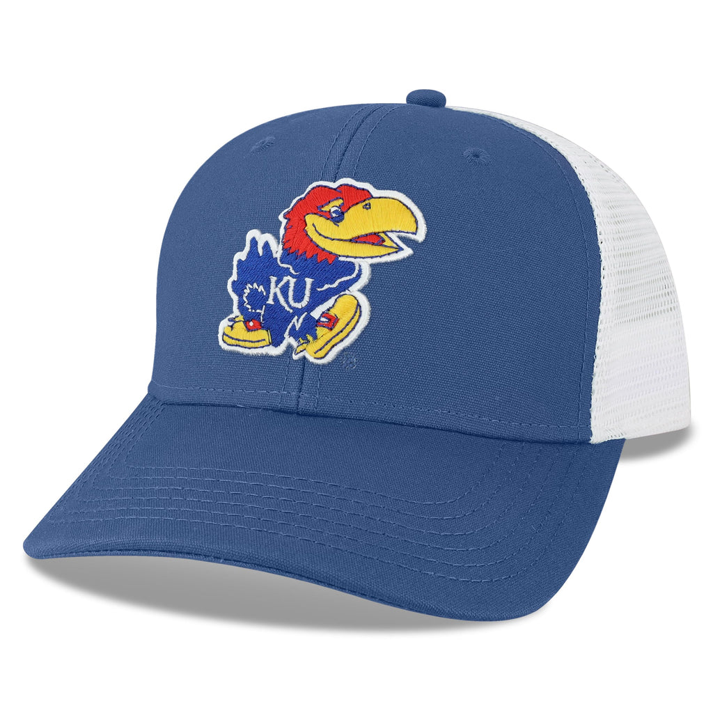 Legacy NCAA Officially Licensed Baseball Hat, Kansas Jayhawks, Lightweight Cap for Men & Women, Mid-Pro Snapback Adjustable (MPS), Royal/White Trucker, One Size Fits Most, Snapback Closure