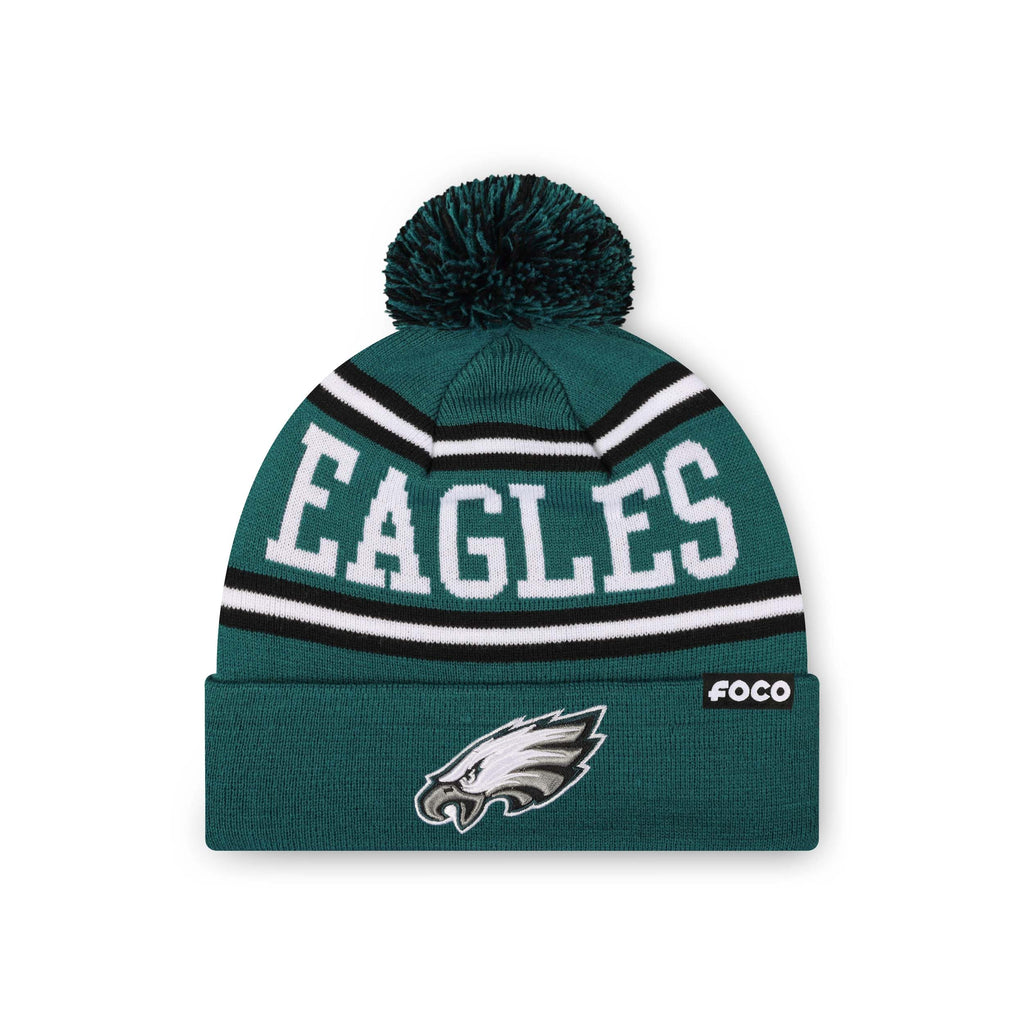 FOCO Philadelphia Eagles NFL Primary Logo Stripe Pom Beanie - Midnight Green