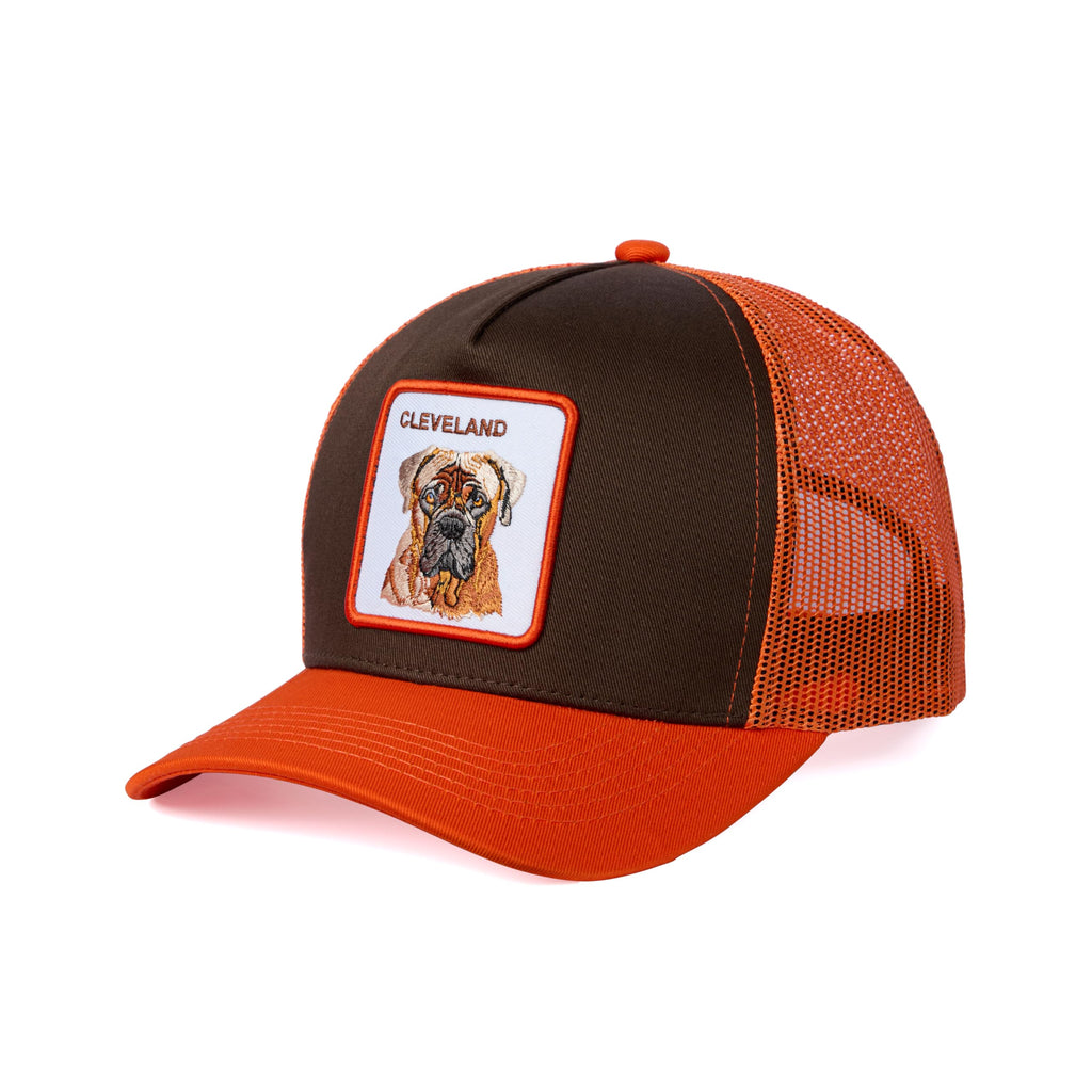 City-Flex Cleveland Football Fan Patch Trucker Hat - Netted Snapback Baseball Cap with Team Design for Men & Women (Brown/Orange - Dog)