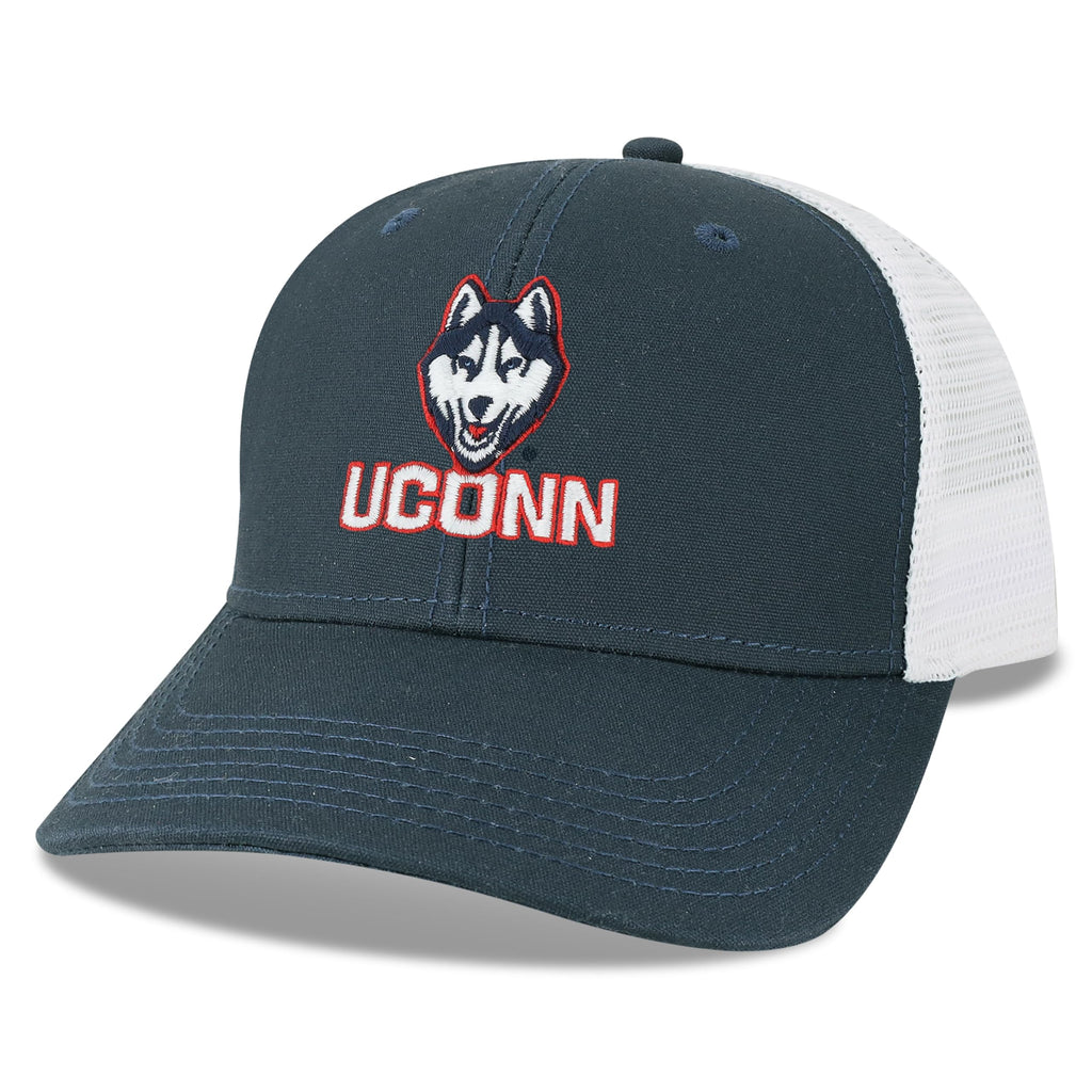 Legacy NCAA Officially Licensed Baseball Hat, Connecticut Huskies, Lightweight Cap for Men & Women, Mid-Pro Snapback Adjustable (MPS), Navy/White Trucker, One Size Fits Most, Snapback Closure