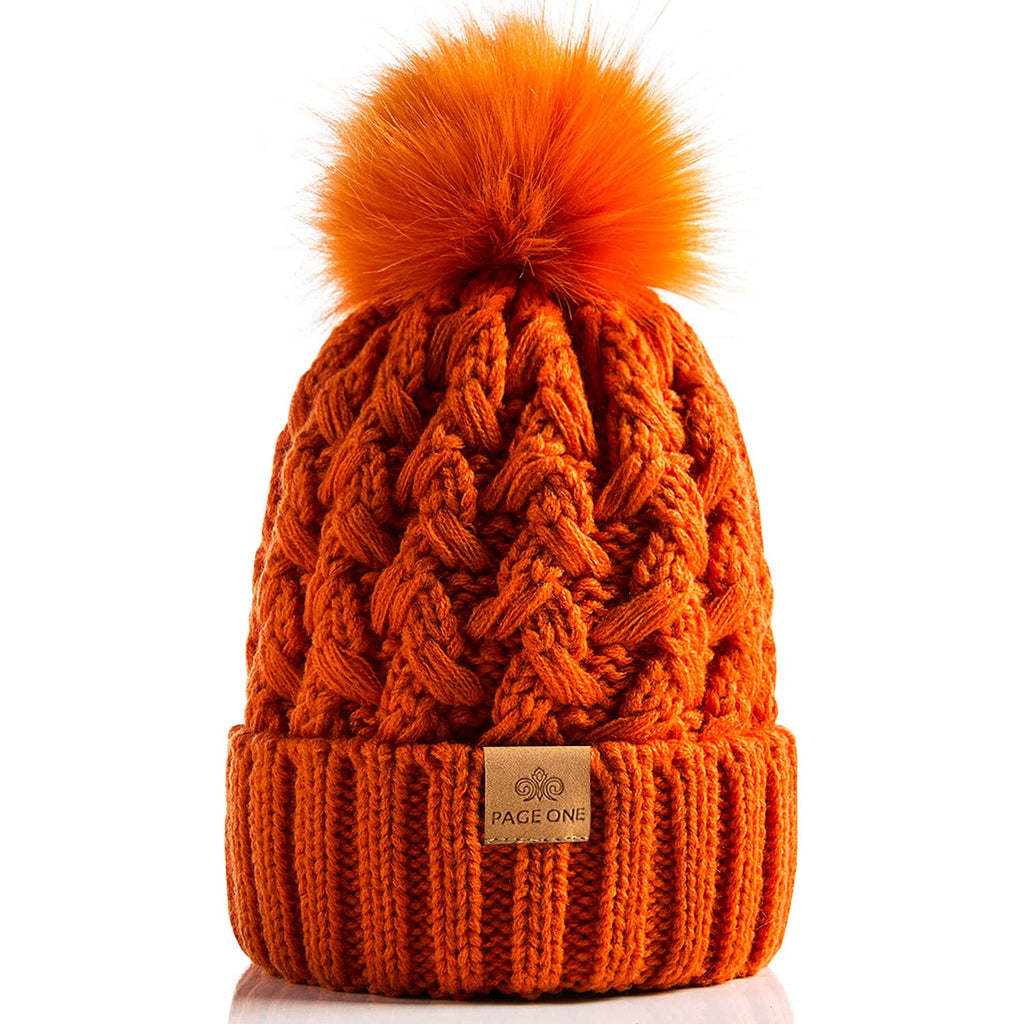PAGE ONE Womens Winter Ribbed Beanie Crossed Cap Chunky Cable Knit Pompom Soft Warm Hat Orange