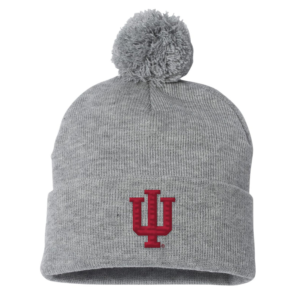 UGP Campus Apparel - BN508 - Indiana Hoosiers Primary Logo - Sports Team Pom-Pom Cuffed Beanie - One Size - Heather Grey