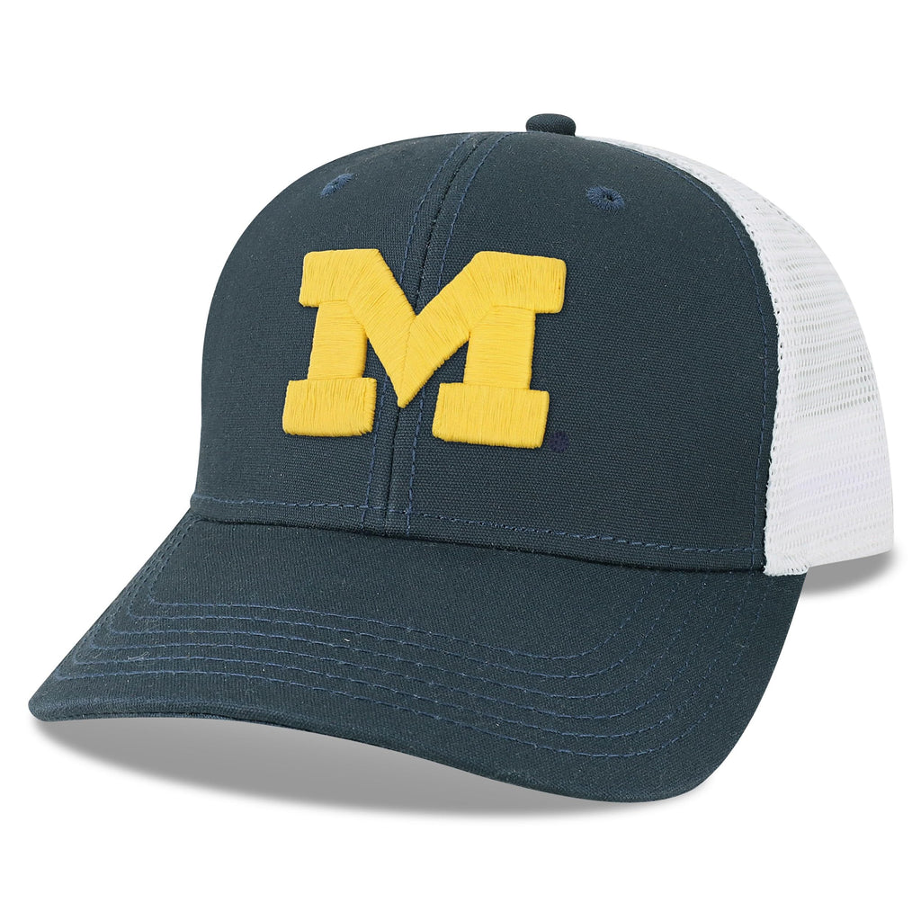 Legacy NCAA Officially Licensed Baseball Hat, Michigan Wolverines, Lightweight Cap for Men & Women, Mid-Pro Snapback Adjustable (MPS), Navy/White Trucker, One Size Fits Most, Snapback Closure