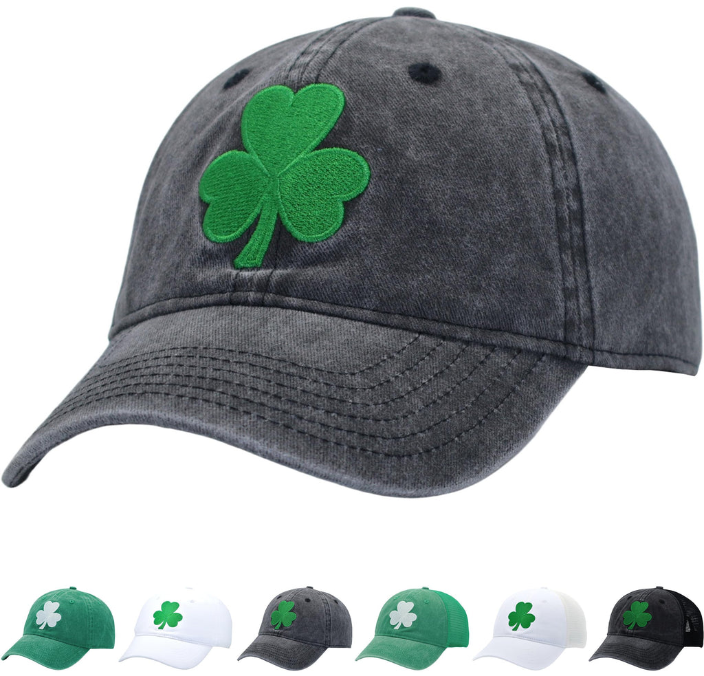 KFQHBQ St Patricks Day Black Hats Clover Hat for Men Women Ireland Green Lucky Shamrock Caps 4 Leaf XL/XXL Baseball Cap Washed Cotton Unstructured Adjustable Classic Gift Golf Dad Hats