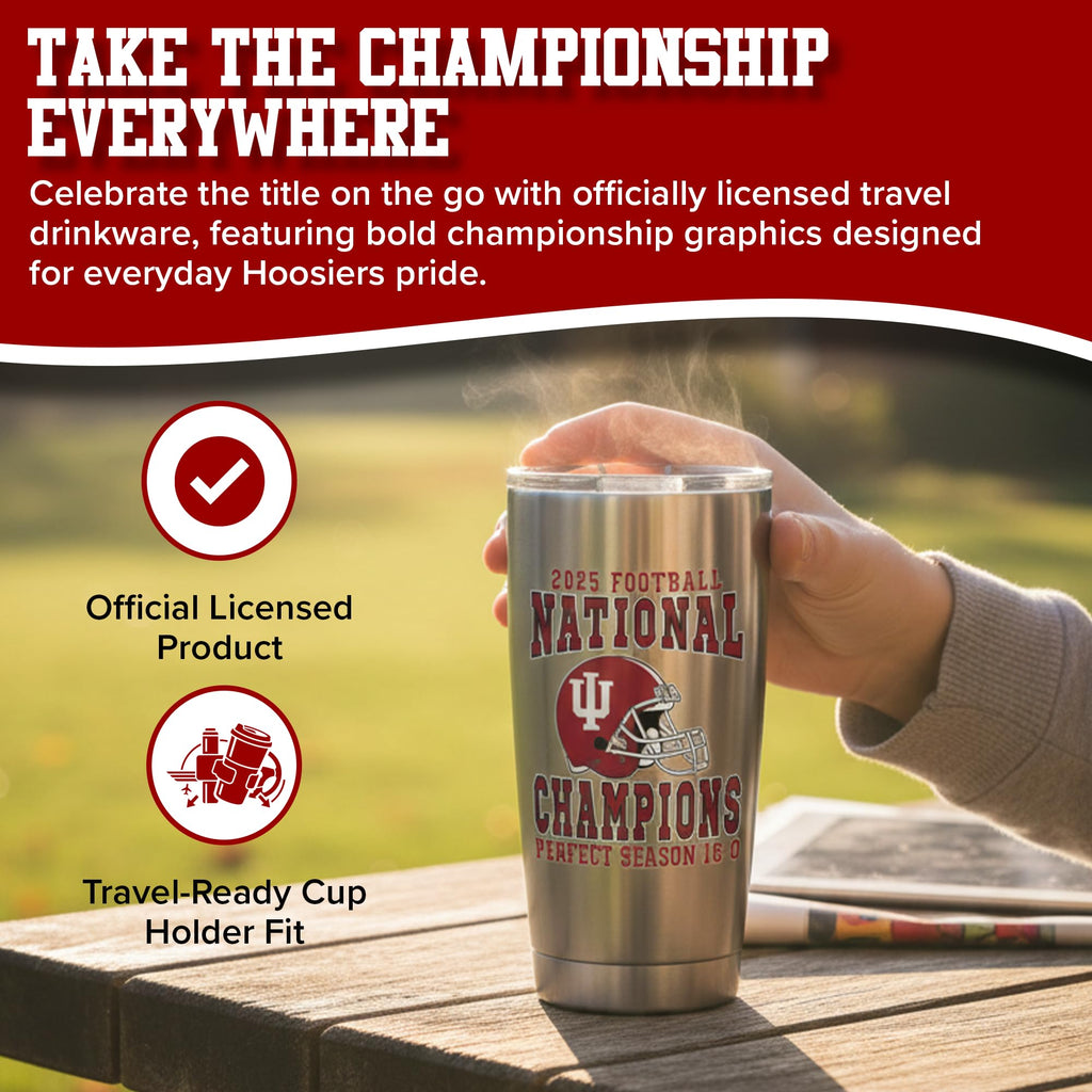RFSJ INC. Indiana Hoosiers 2025 NCAA Football National Champions Stainless Steel Travel Mug with Front Championship Design and Back Scoreboard Graphic, 20 oz