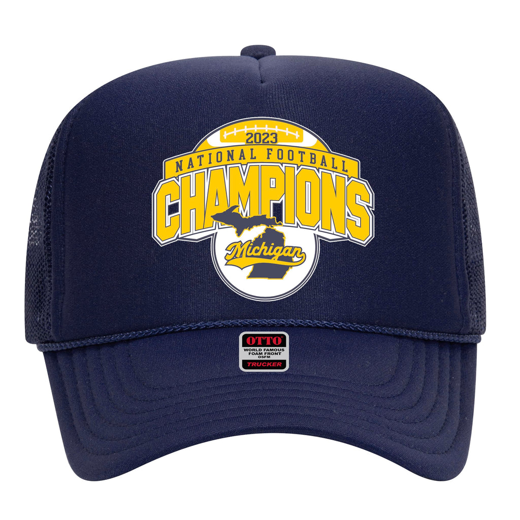 Michigan Football 2023-2024 National Champions Trucker Hat - Premium Snapback for Men and Women (US, Alpha, One Size, Navy)