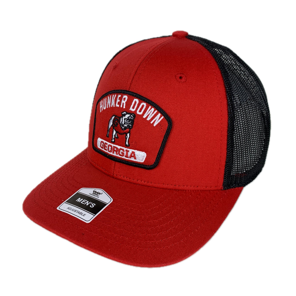 University of Georgia Hunker Down Patch Adjustable Snapback Black Trucker Mesh Truckie Red Hat