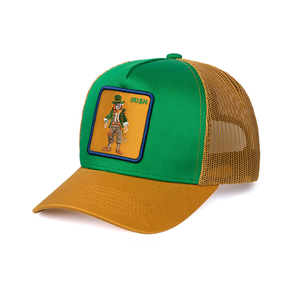 City-Flex Notre Dame College Fan Patch Trucker Hat - Netted Snapback Baseball Cap with College Team Design for Men & Women (Green/Gold - Leprechaun)