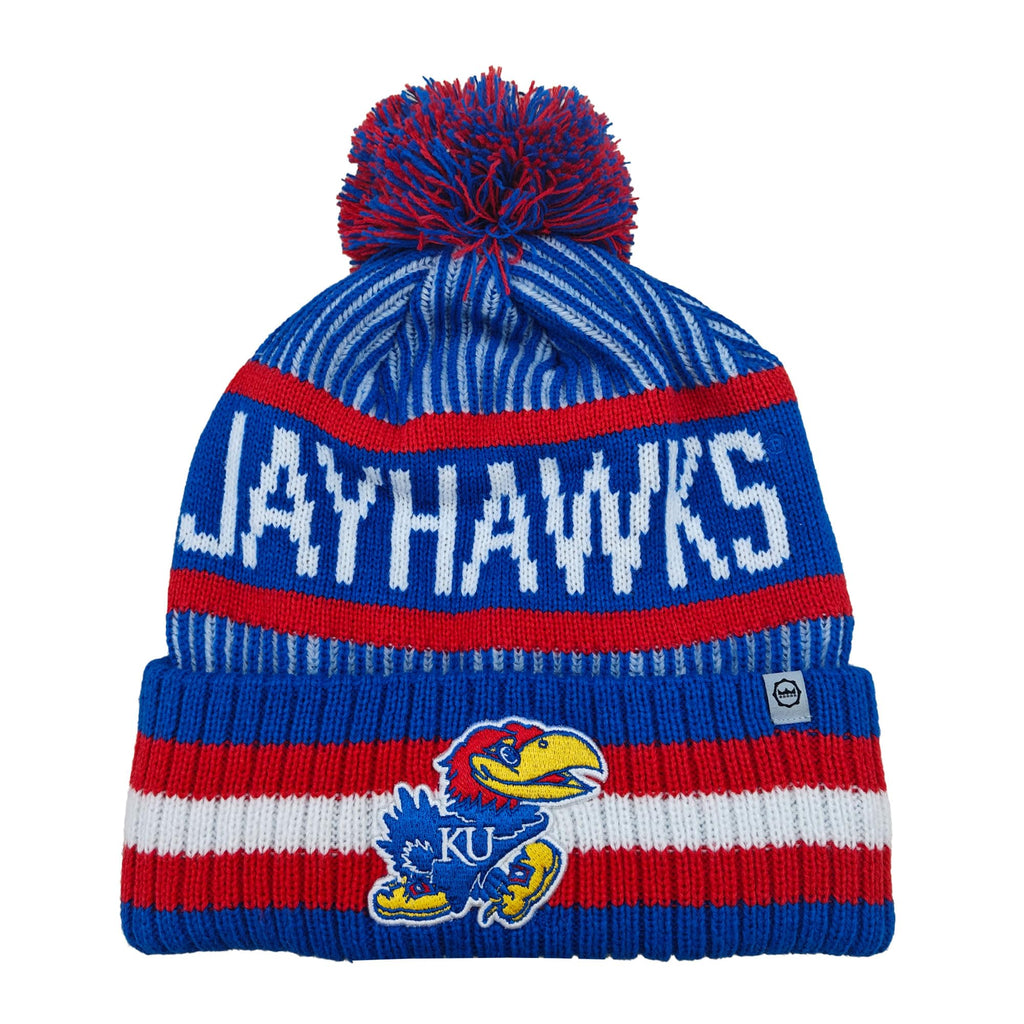NCAA Kansas Jayhawks Mens Blue Red Pin Stripe Knit Pompom Winter Hat Vintage Style Cuffed Logo Beanie