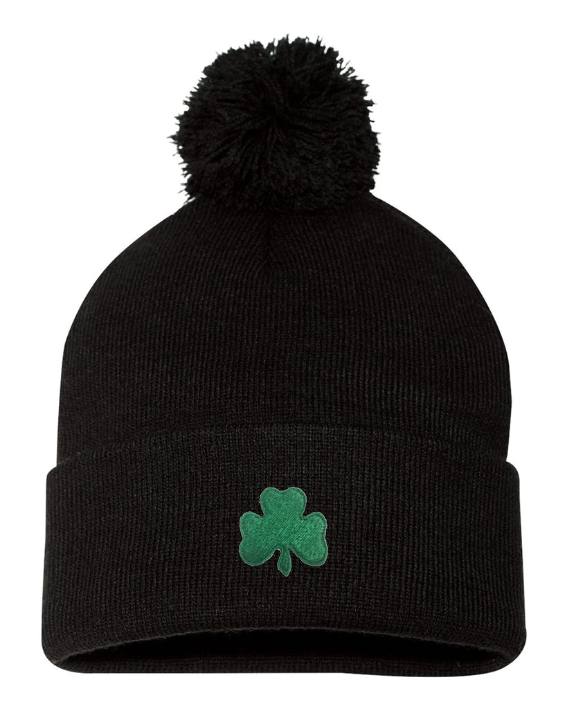 Go All Out One Size Black Pom Shamrock St. Patrick's Day Embroidered Knit Beanie Pom Cap
