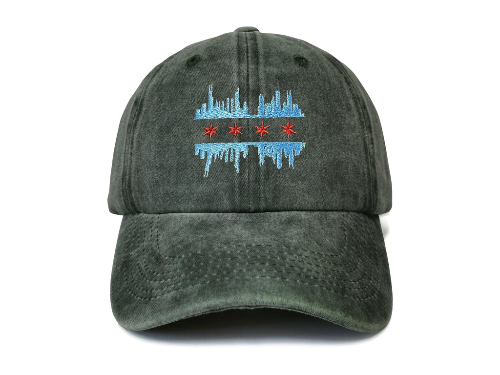 Shenbors Chicago Illinois Skyline Flag Hat, Gifts for Fans, Army Green Adjustable Baseball Cap, Embroidered Cotton Soft Dad Hat