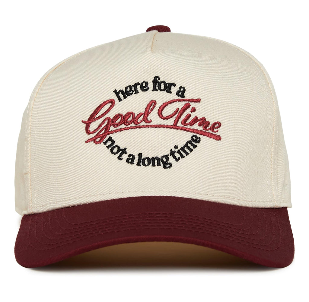 Two Tone Vintage Snapback Hat - Here for a Good Time Not a Long Time - Burgundy/Beige