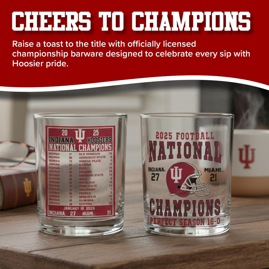 RFSJ INC. Indiana Hoosiers 2025 NCAA Football National Champions Rocks Glass Set of Two with Front Championship Design and Back Scoreboard Graphic, Crimson, 14 oz
