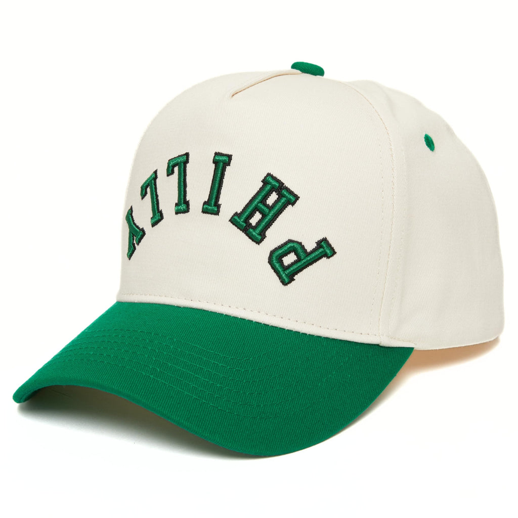 Funky Junque Retro Philadelphia Hat – Baseball Cap with Upside Down City Arched Embroidery – Unisex Adjustable Snapback for Football, Game Day, Tailgating – Philly (Green/Beige)
