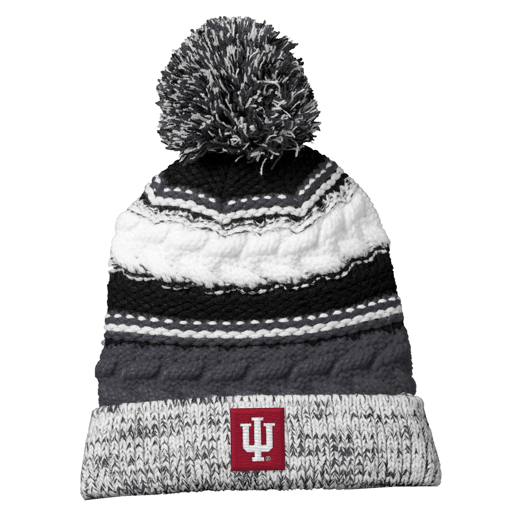 UGP Campus Apparel BN508 - Indiana Hoosiers Primary Logo Pom Pom Team Beanie - One Size - Iron Grey/Black/White