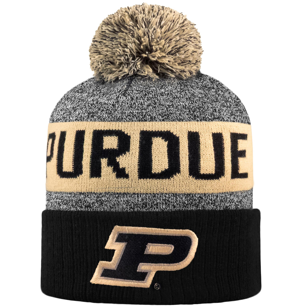 LogoFit NCAA Team Color-Embroidered Logo -Cuffed Knit Skully Beanie Pom Hat-Purdue Boilermakers-OSFM
