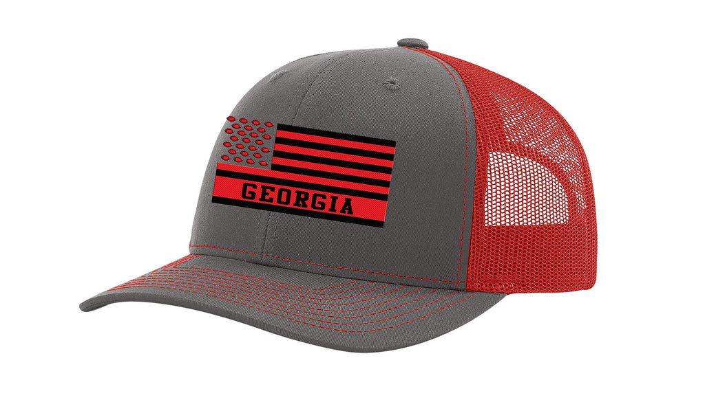 Georgia Football Team Colors American Flag Embroidered Football Team Flag Mesh Back Trucker Hat, Charcoal/Red