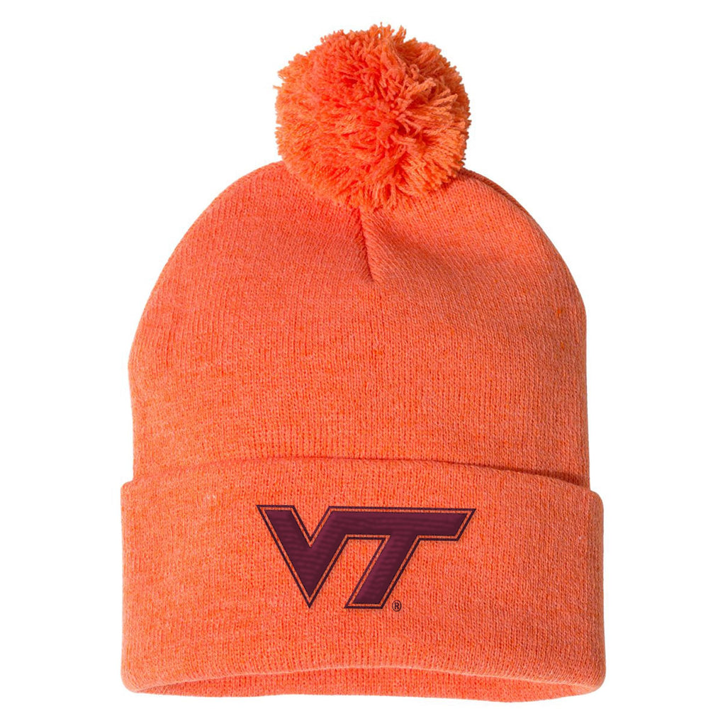 UGP Campus Apparel - BN508 - Virginia Tech Hokies Primary Logo - Sports Team Pom-Pom Cuffed Beanie - One Size - Heather Orange