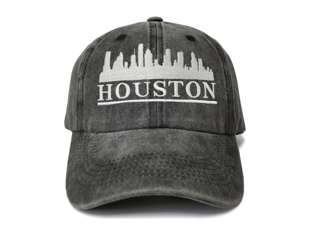 Shenbors Houston Skyline Baseball Cap, State Flag Gifts for Men Women, City of Texas Hat, Washed Black Cotton Snapback Hat