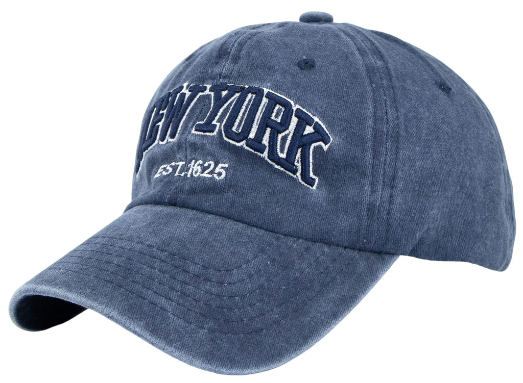 Baseball Hat New-York Distressed-Adjustable-Strapback - Washed Twill Dad Hat Unisex Navy Blue