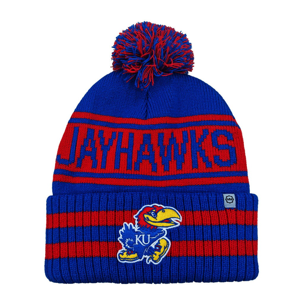 NCAA Kansas Jayhawks Mens Blue Red Striped Knit Pompom Winter Hat Vintage Style Cuffed Logo Beanie