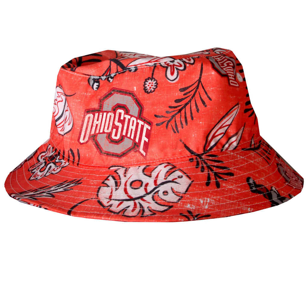 Wes and Willy Mens College Hawaiian Vintage Floral Bucket Hat(Ohio State Buckeyes, L/XL) Red