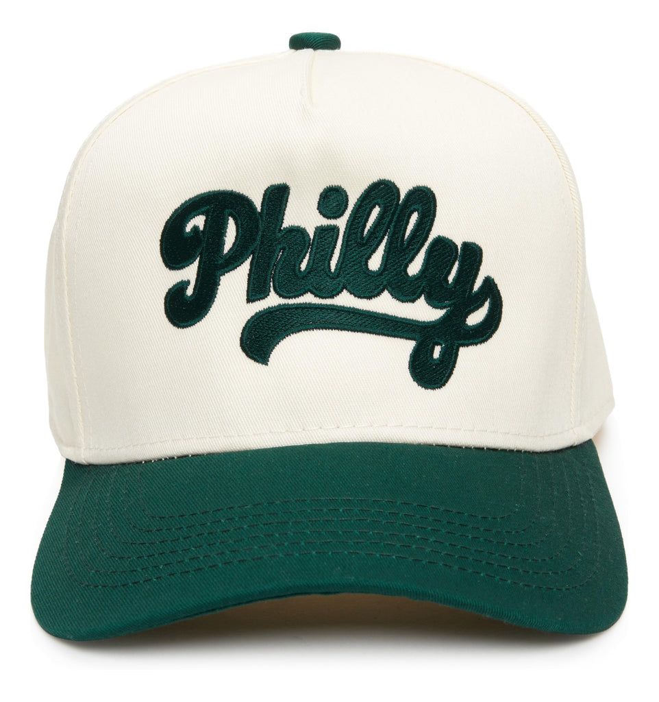 Two-Tone Canvas Snapback Baseball Cap - Philly (Cursive) - Green/Beige