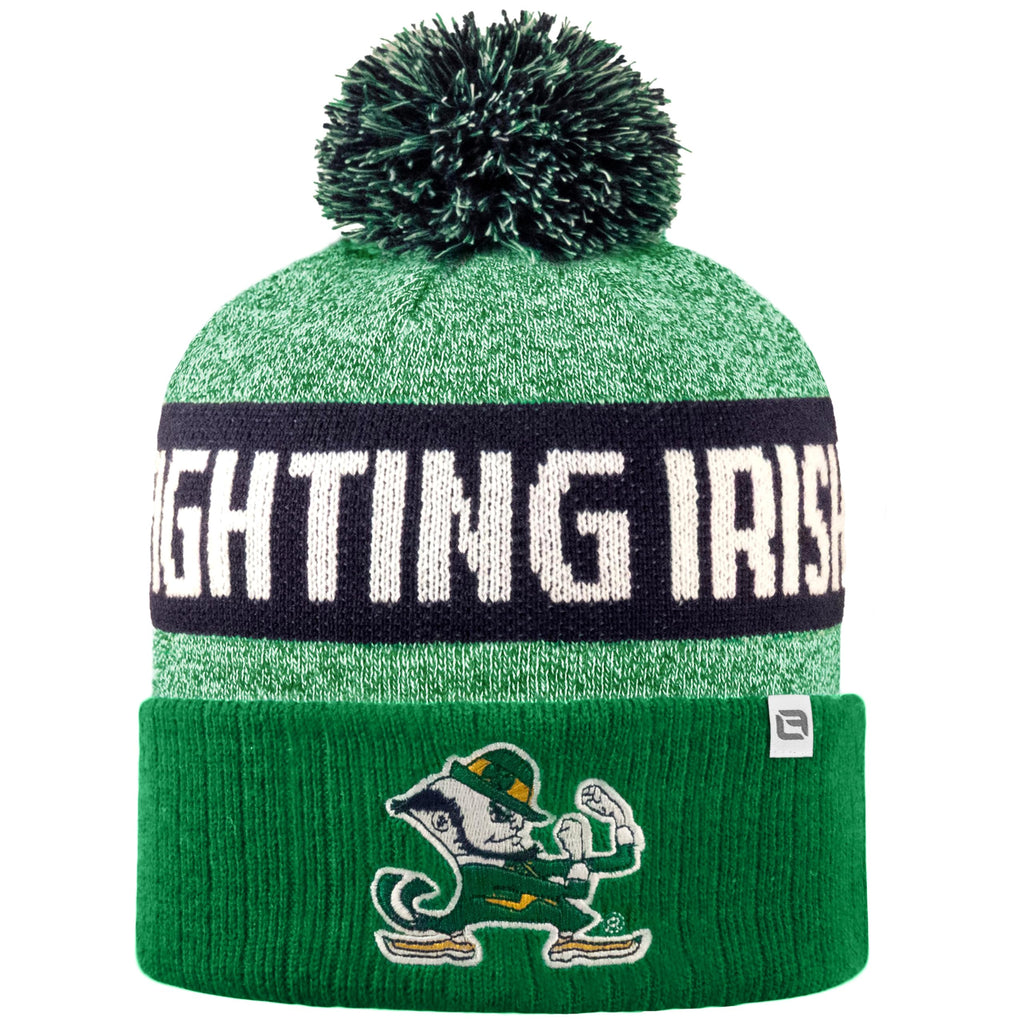 LogoFit NCAA Team Color-Embroidered Logo -Cuffed Knit Skully Beanie Pom Hat-Notre Dame-Kelly Green-OSFM